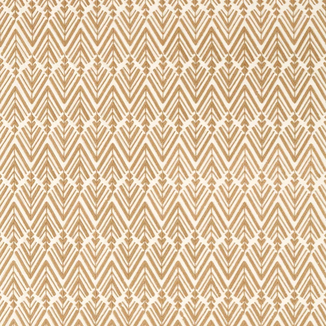 Warm camel and ivory woven fabric with repeating angular chevron and diamond motifs
