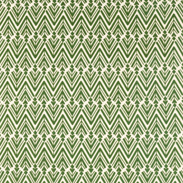 Kelly green and cream chevron textile with repeating pointed geometric motifs