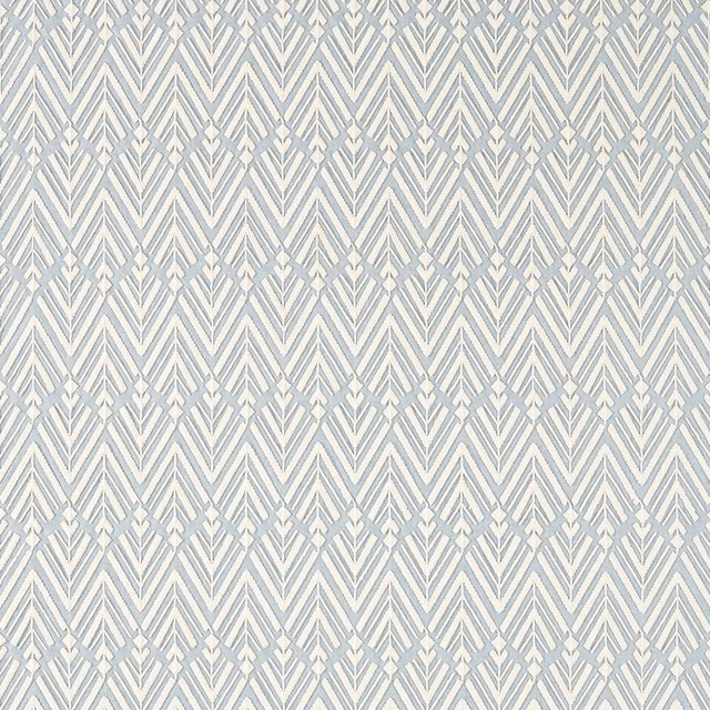 Pale sky-blue and ivory woven fabric with repeating chevrons and diamond details