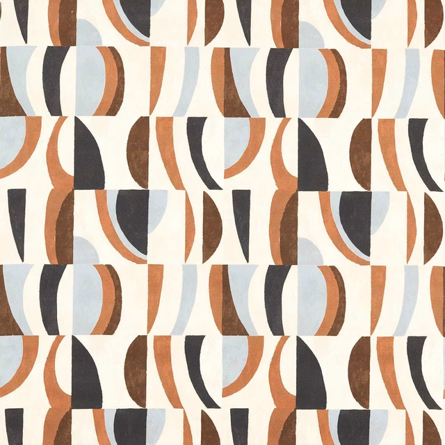 Geometric fabric with cornflower blue, walnut brown, onyx and ivory curved blocks