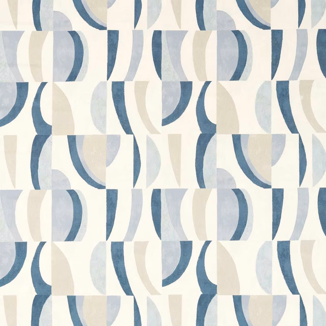 Muted sky and cornflower arcs on a pale linen geometric woven