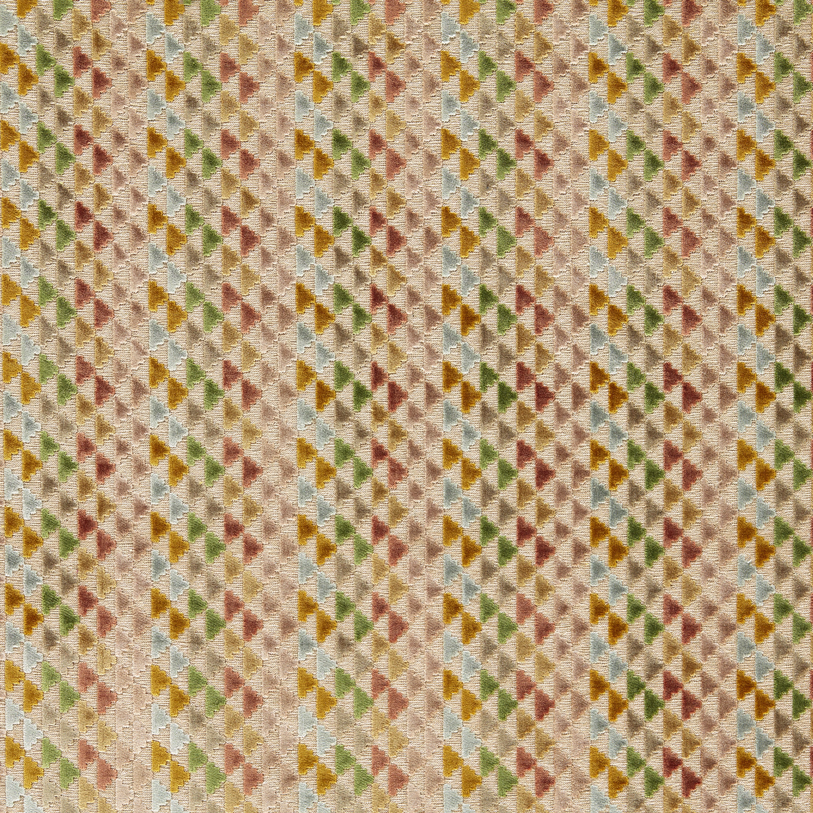 Cream velvet with small blush, ochre, green and blue geometric motifs
