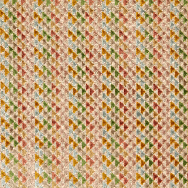 Cream velvet with small blush, ochre, green and blue geometric motifs