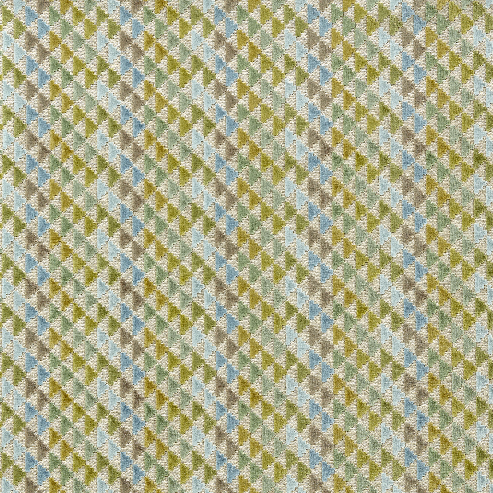 Textured velvet with small Kelly green and sky blue geometric shapes on linen ground