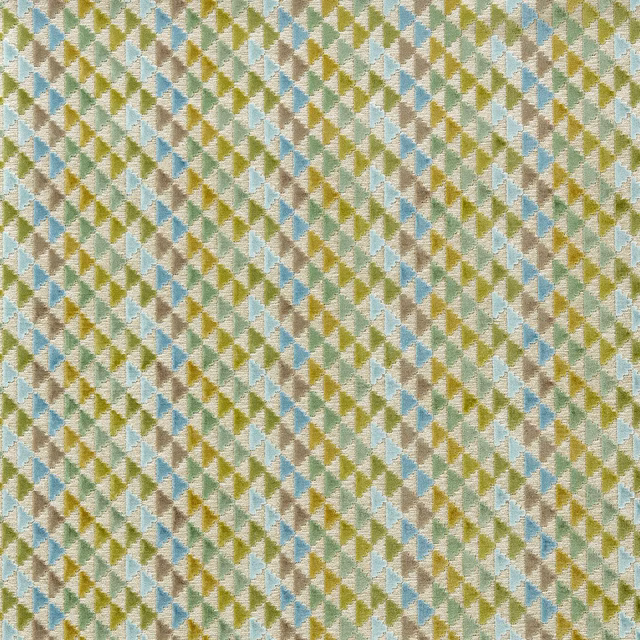 Textured velvet with small Kelly green and sky blue geometric shapes on linen ground