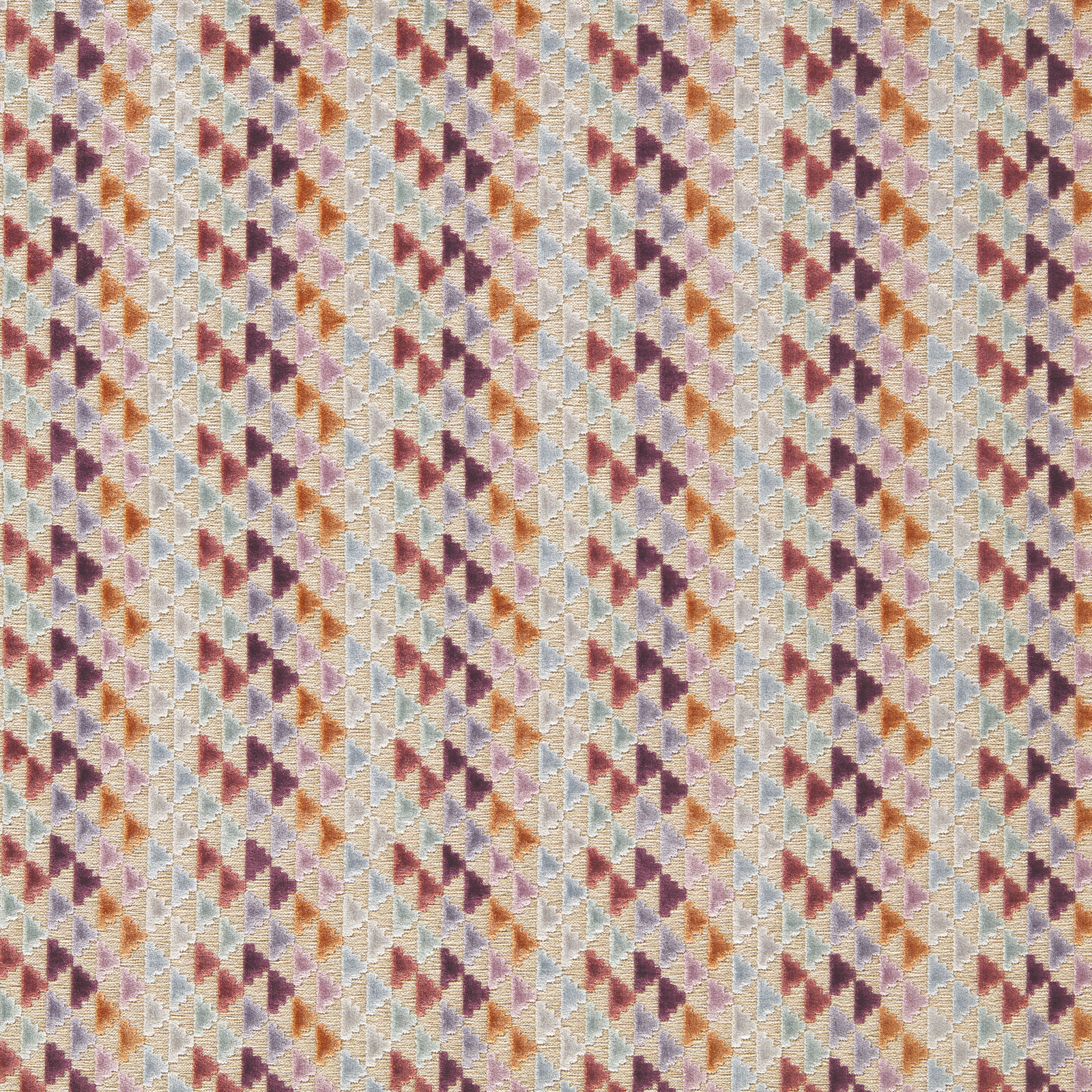Textured lilac velvet with aubergine, cornflower and ochre geometric motifs
