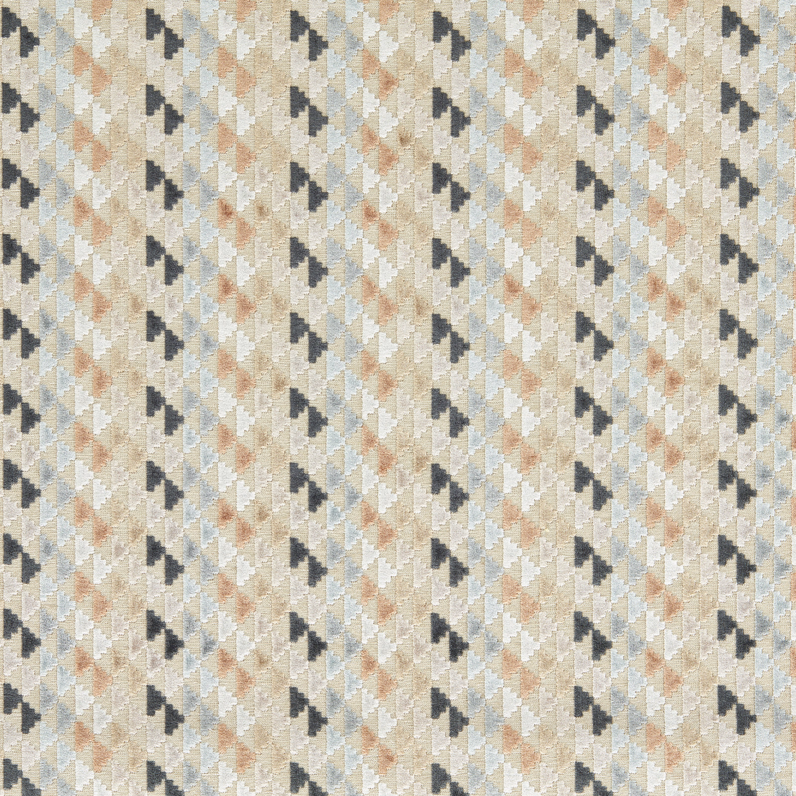 Cream velvet with sky blue, slate and taupe geometric zigzag motifs