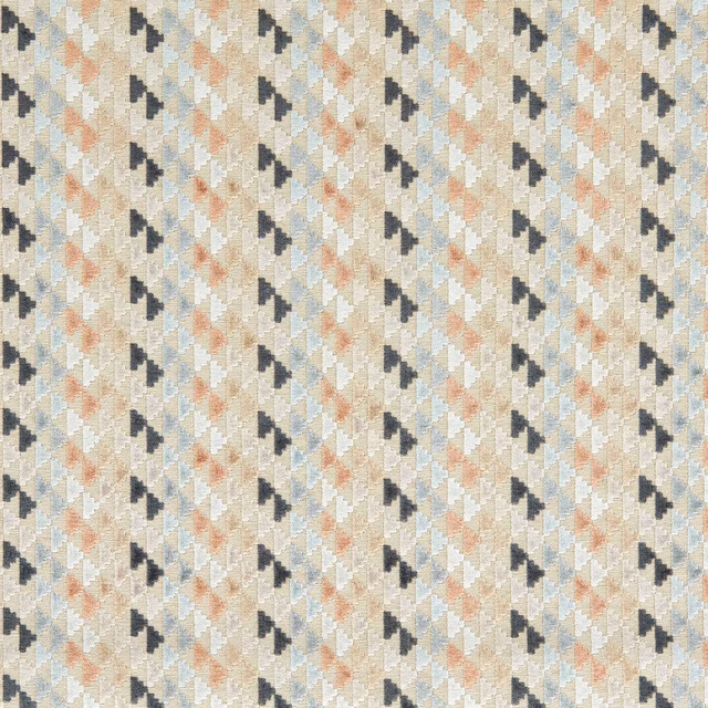 Cream velvet with sky blue, slate and taupe geometric zigzag motifs