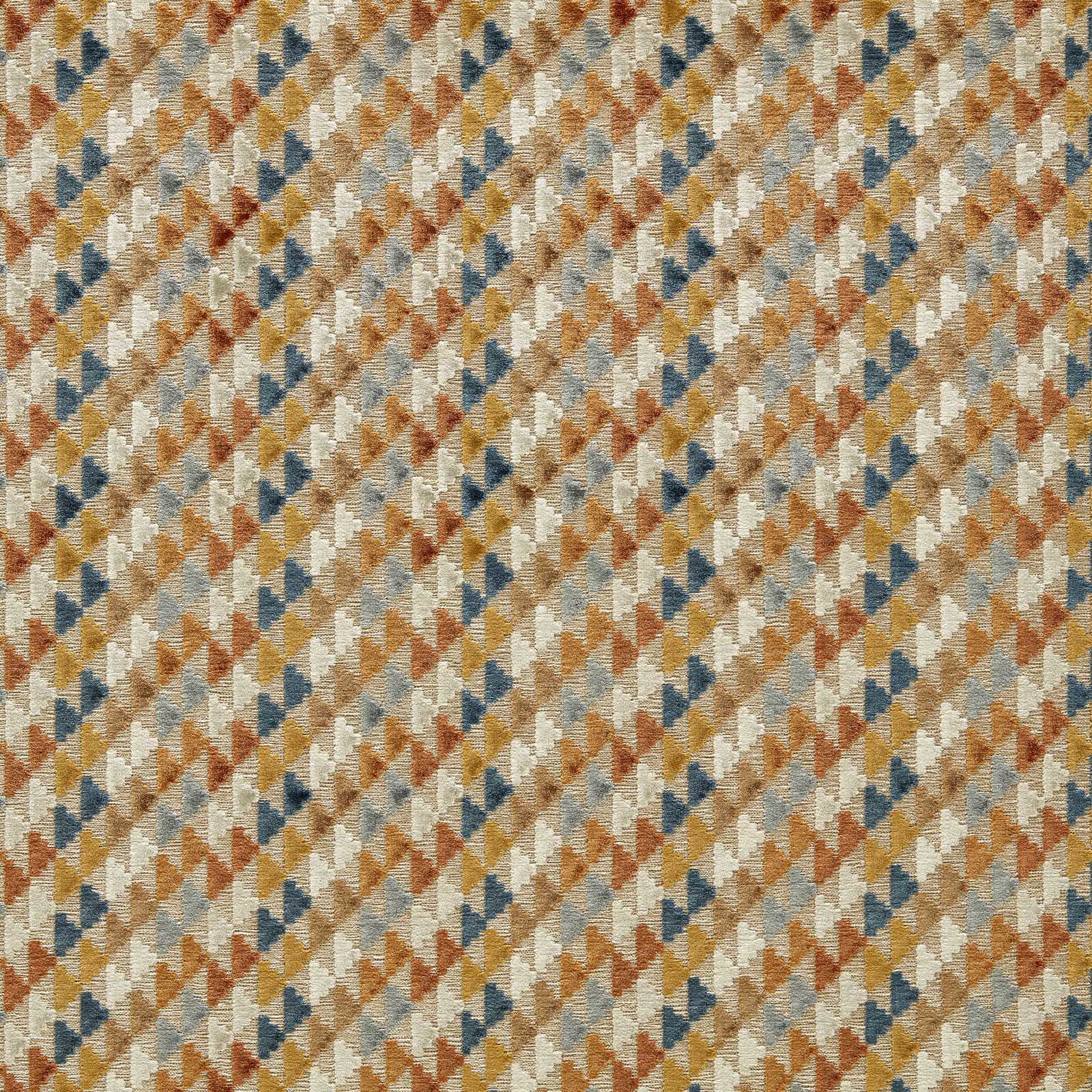 Taupe velvet with rust, French blue and ochre angular geometric motifs