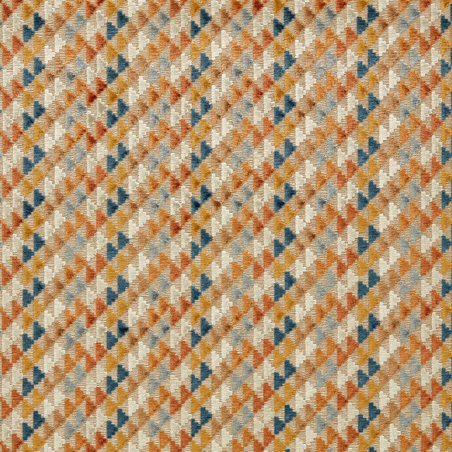 Taupe velvet with rust, French blue and ochre angular geometric motifs