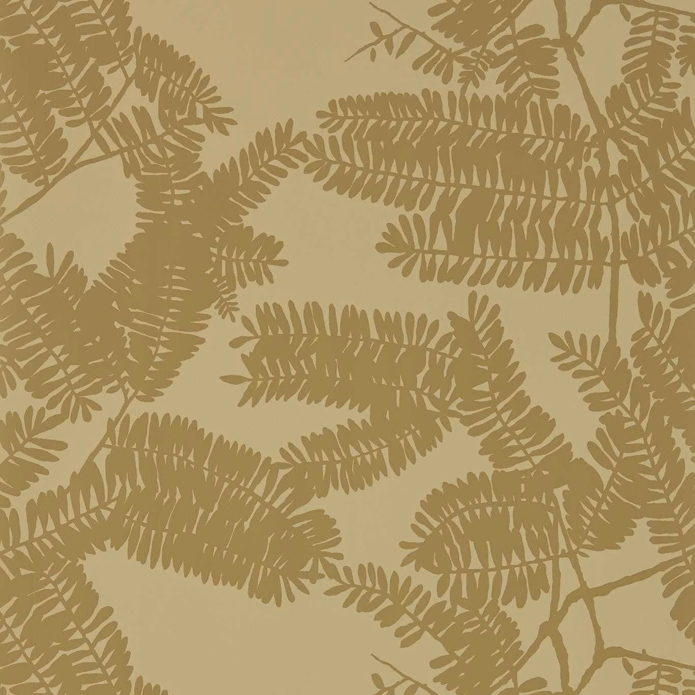Warm ochre-beige wallpaper with layered taupe fern silhouettes