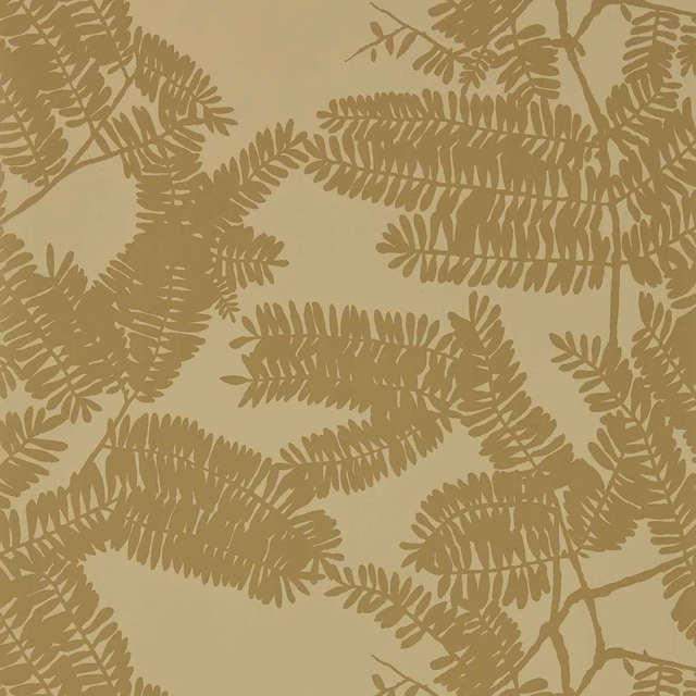 Warm ochre-beige wallpaper with layered taupe fern silhouettes