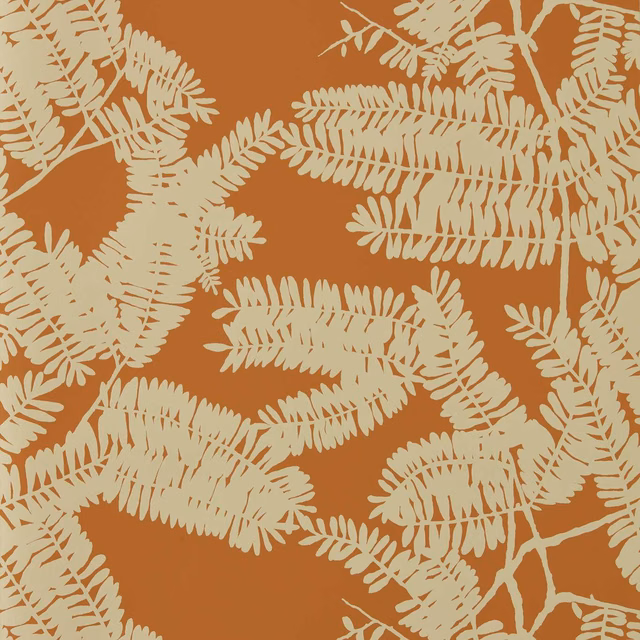 Paprika wallpaper with oversized cream fern silhouettes in a layered botanical pattern