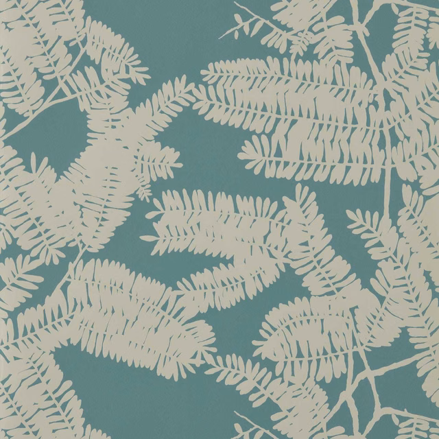 Muted teal wallpaper with ivory fern fronds in an airy botanical repeat