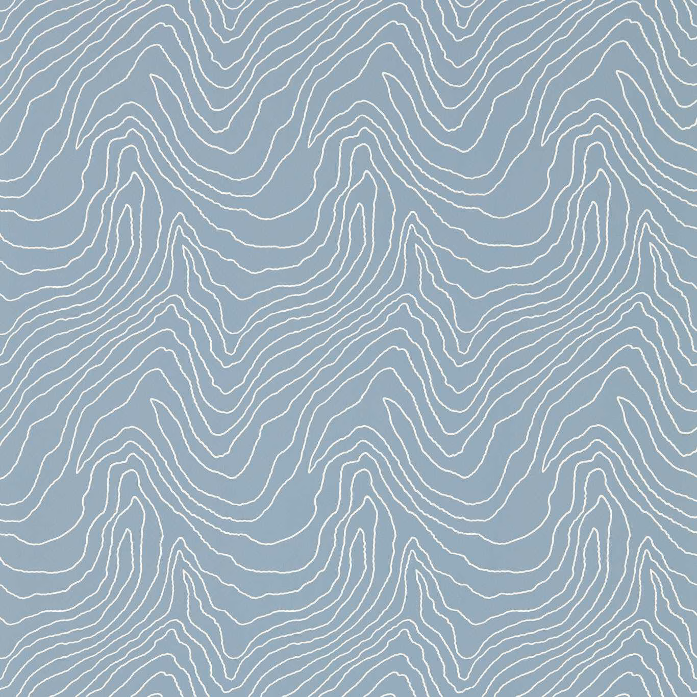 Soft cornflower blue wallpaper with flowing ivory contour lines in a topographic pattern