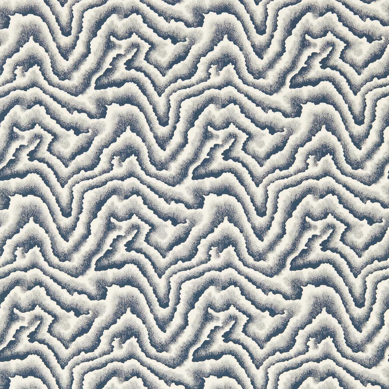 Ivory wallpaper with smoky ink-blue, softly mottled meandering wave bands