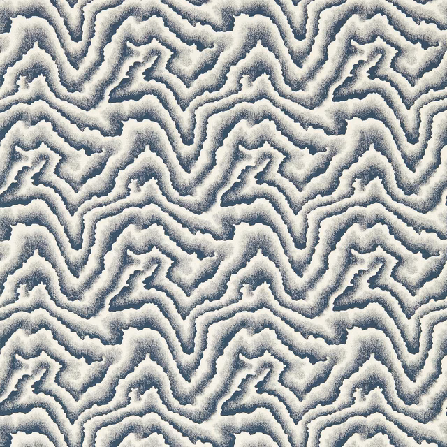Ivory wallpaper with smoky ink-blue, softly mottled meandering wave bands