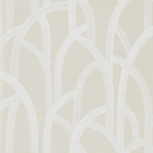 Warm champagne wallpaper with oversized chalk-white looping arches and subtle surface texture