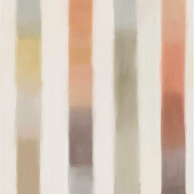 Muted rosewood, peach and sea-glass vertical stripes on a warm white ground