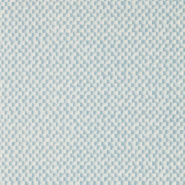Pale cornflower blue wallpaper with a small, softly mottled geometric block pattern
