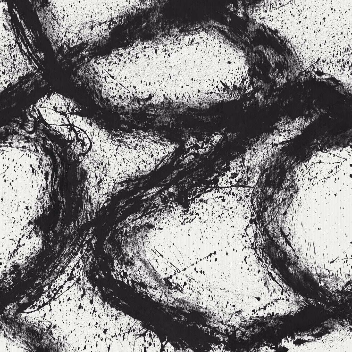 Black ink-like branching strokes and speckles over an ivory wallpaper ground