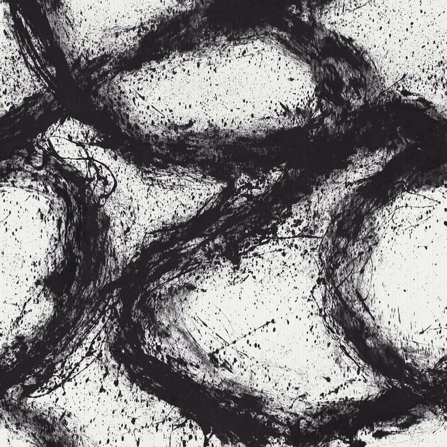 Black ink-like branching strokes and speckles over an ivory wallpaper ground