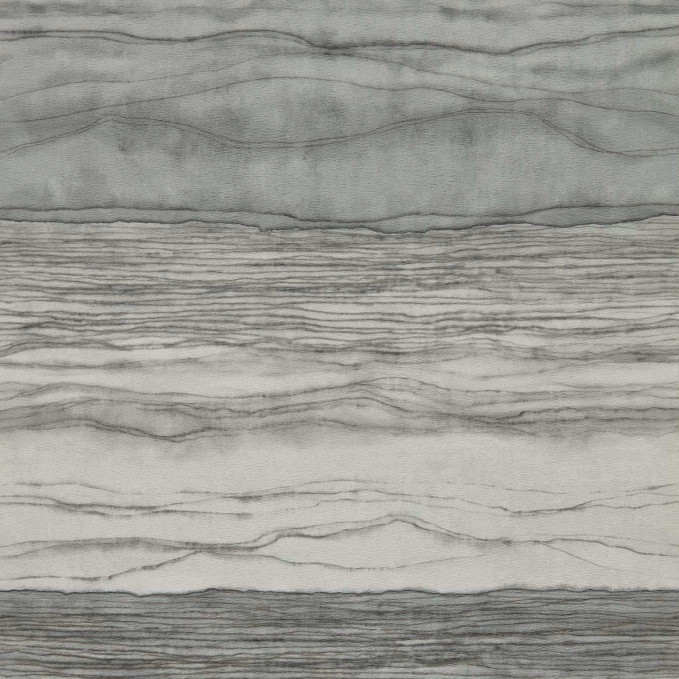 Cool flint-grey wallpaper with layered horizontal stone-like striations and smoky bands