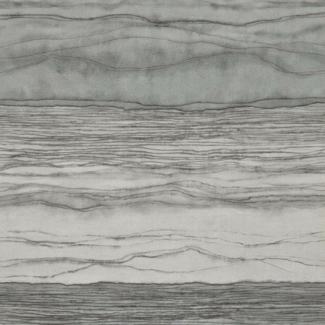 Cool flint-grey wallpaper with layered horizontal stone-like striations and smoky bands