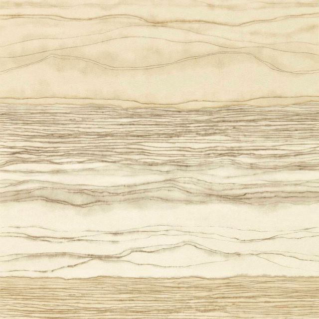 Warm taupe horizontal strata across a softly luminous linen-coloured wallpaper ground