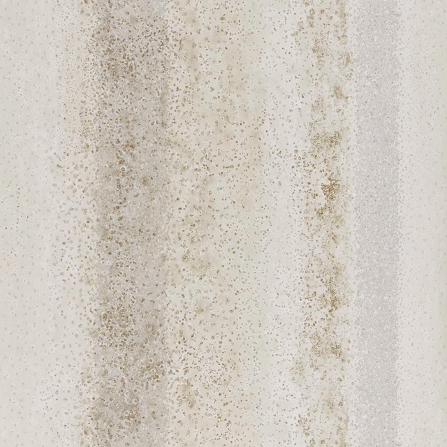 Ivory wallpaper with vertical taupe mineral bands and fine cool grey speckling