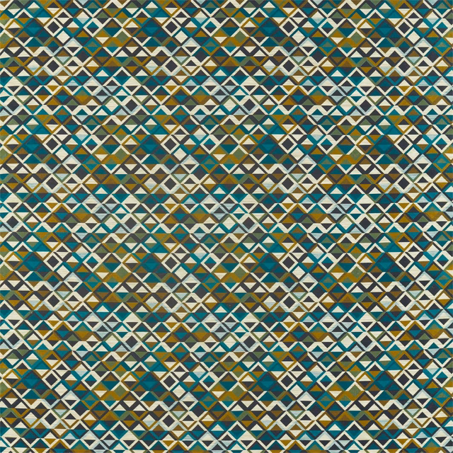 Dense charcoal geometric weave with marine teal, zest and ivory diamond details