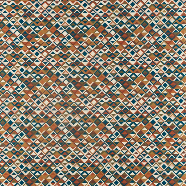 Dense sapphire, russet and gold geometric diamonds in a tightly woven textile