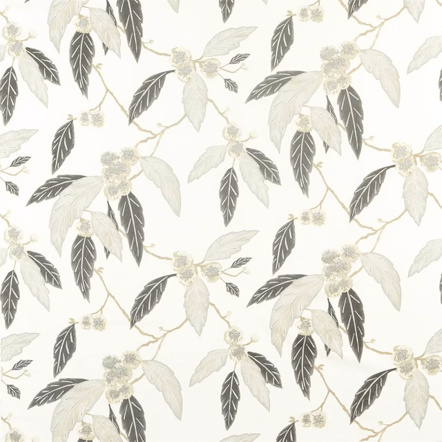 Ivory botanical fabric with charcoal leaves, pale sage foliage and soft floral sprigs
