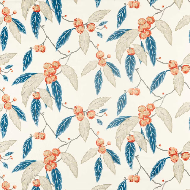 Cream botanical fabric with russet flower clusters and deep teal leaves