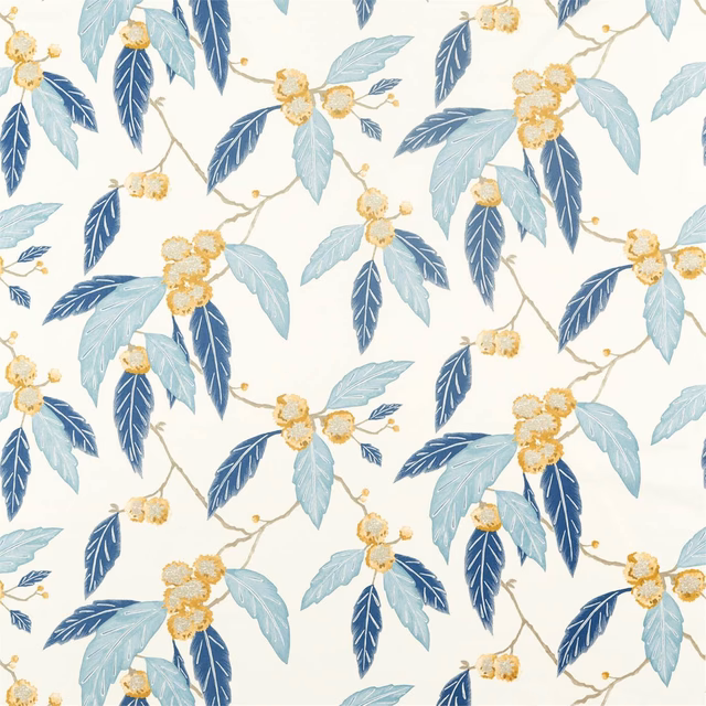 Cream floral fabric with cobalt and pale blue leaves, mustard flower clusters and branching stems