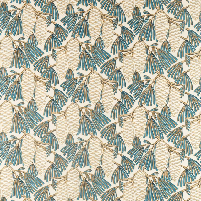 Muted teal fan-shaped botanicals on a cream fabric ground with fine taupe linework