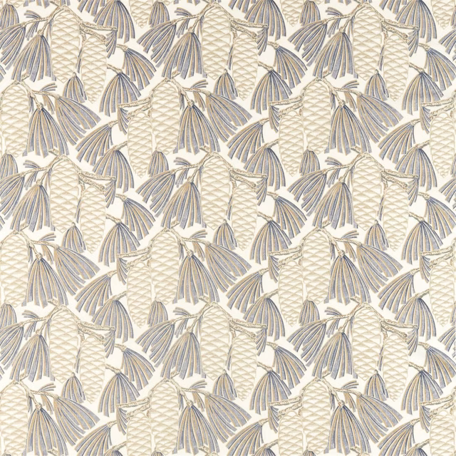 Cream fabric with repeating platinum fan sprays and pale lattice motifs