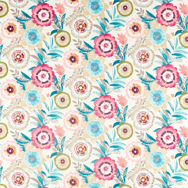 Cream floral fabric with coral pink blooms, turquoise leaves and olive accents