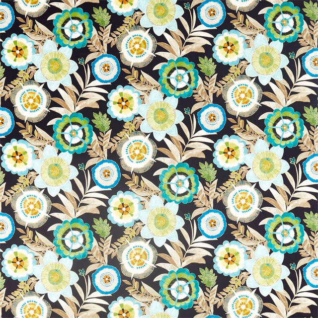 Turquoise, citrus and saffron flowers with leafy stems on a charcoal ground