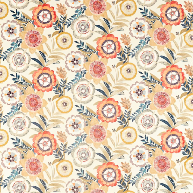 Cream floral textile with coral rosettes, blush blooms, ochre petals and midnight leaves