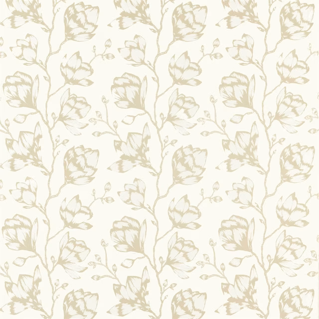 Cream oyster fabric with soft taupe botanical stems, leaves and open flower heads