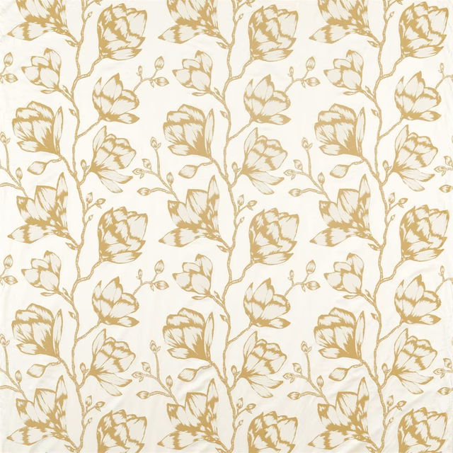 Warm cream fabric with oat botanical stems, outlined blooms and curling leaves