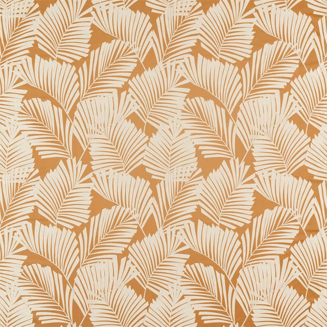 Warm ochre fabric with overlapping ivory fan-palm leaves and fine linear fronds
