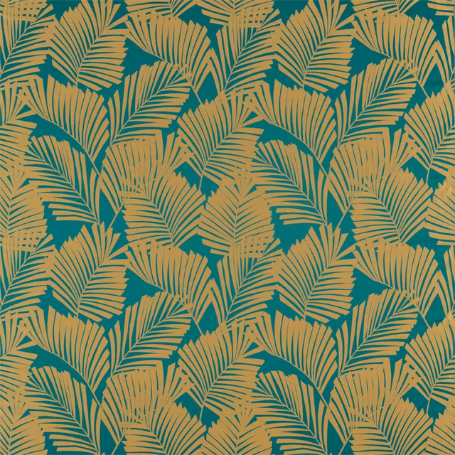 Deep peacock teal fabric with layered ochre palm fronds and fine linear detail