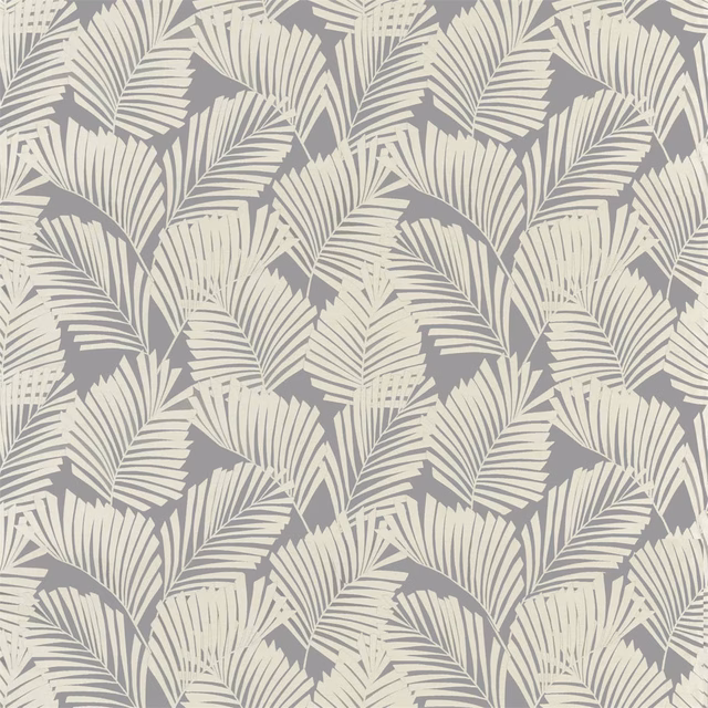 Slate grey fabric with dense ivory palm leaves, fine stripes and dotted foliage details