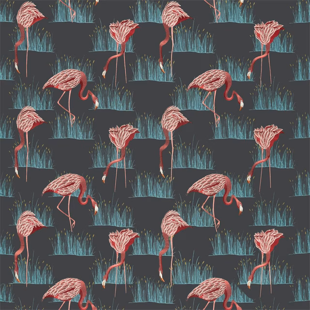 Charcoal Salinas fabric with coral flamingos and turquoise reed clusters