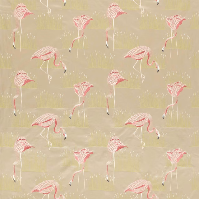 Muted olive ground with blush pink flamingos and painterly horizontal texture