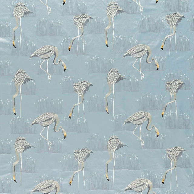 Pale blue-grey flamingo fabric with silver feathers, fine reed marks and dark beaks