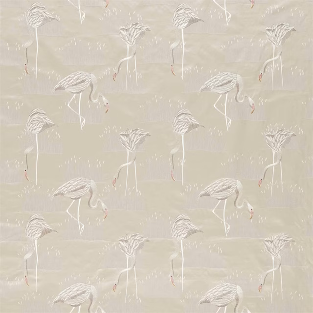 Pale linen fabric with silver flamingos, fine texture and subtle blush details