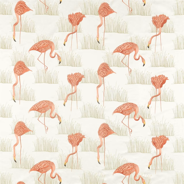 Russet flamingos and pale sage grasses repeat across an oyster textile ground